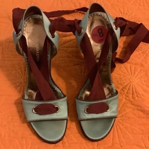 BCBGMAXAZRIA Teal and Burgundy Ribbon Tie-Up Wedges